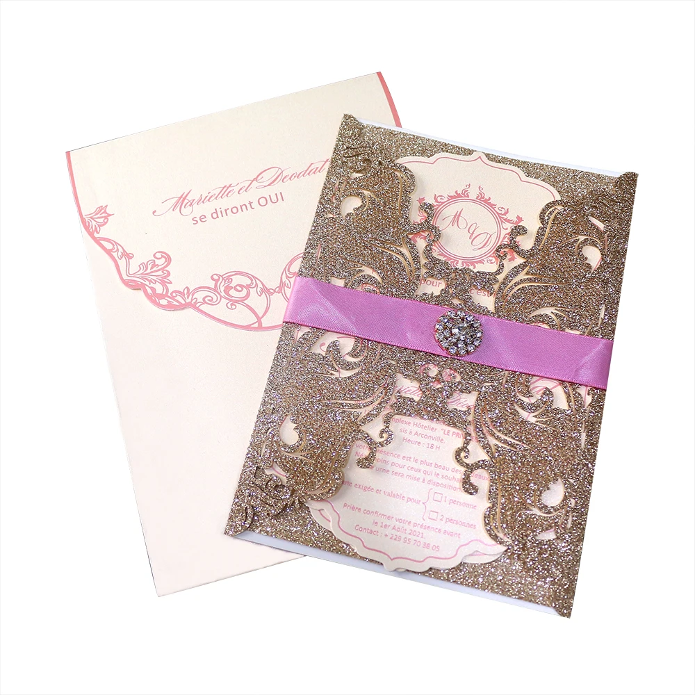 Costom Luxury Laser Cut Wedding Invitations with Buckle RSVP cards birthday invitation cards wishing well cards