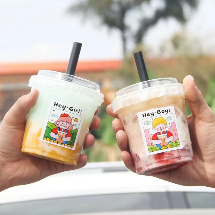 Customized logo adhesive plastic bottle stickers beverage milk tea drinks cup labels