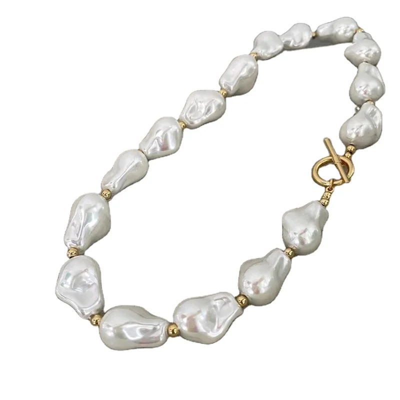 Big Pearl Necklace Stainless Steel OT Clasp Choker Pearl Necklace Vintage Baroque Pearl Necklace