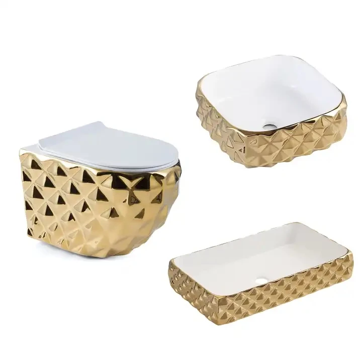 Sanitary Ware Plated Wall Hung Bathroom Toilet And Sink Set Gold One Piece Ceramic Round Wall Mounted Toilet Suite