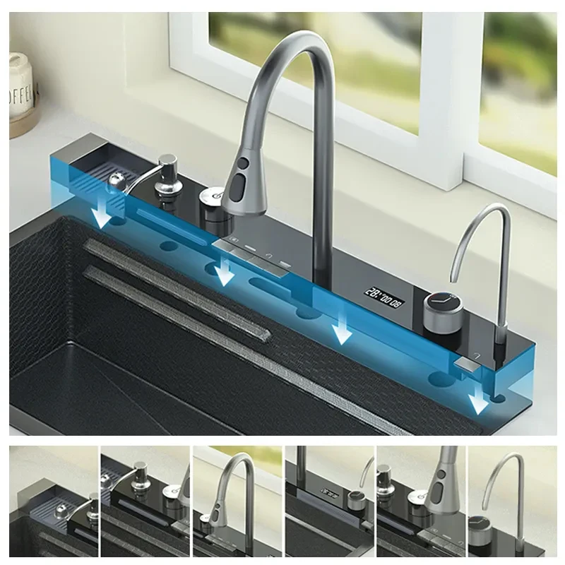 LED Digital Display Waterfall Black Stainless Steel Smart Sink Kitchen Single Slot Multifunction Kitchen Sink Cup Washer