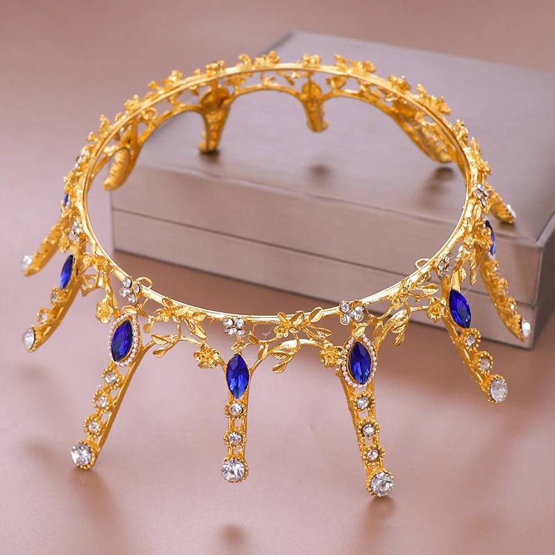 Golden Hollow Blue Crystal Round Diademas Vines Coronas Decorativas De Metal Rhinestone Luxury Bride Hair Accessories Wedding