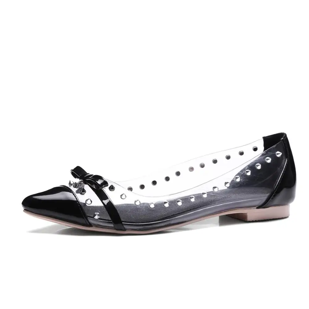 
New Arrival Rivets Bow Slip on Pointed Toe Transparent Fashion Ladies Shoes Women Flats 