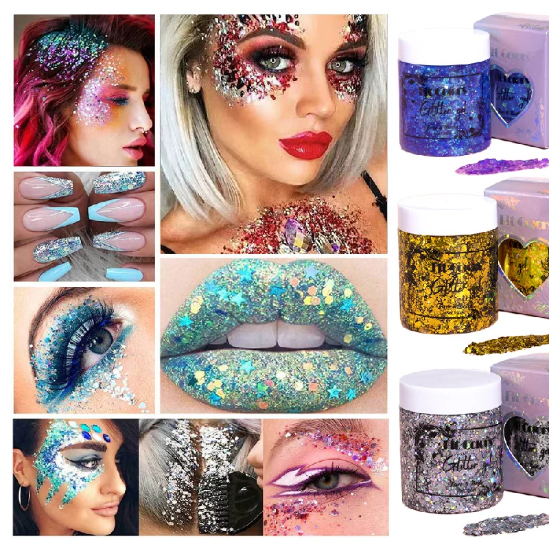New Hot Face Body Hair Eyes Holographic Glitter Sequins Eyeshadow Highlighter Sparkling Glitter Gel For Festival Makeup
