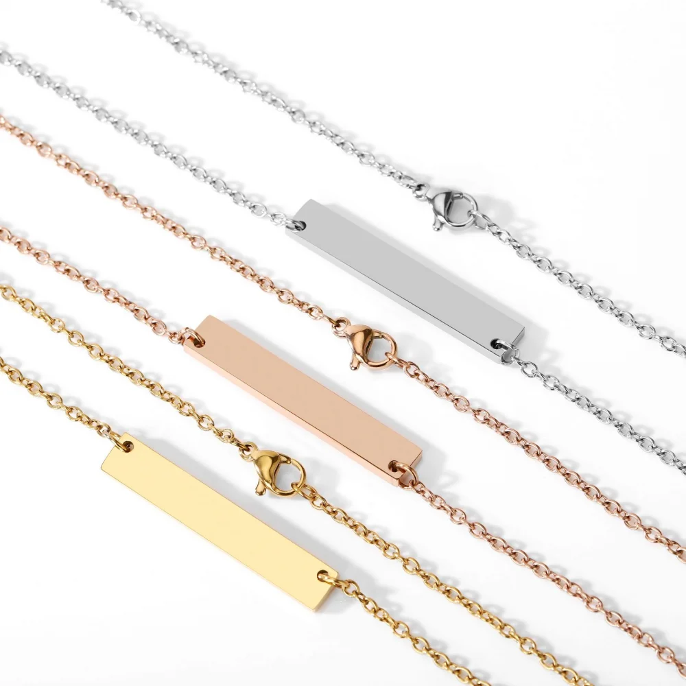 Wholesale Personalized Women Fashion Jewelry Custom Blank Laser Logo Name Gold Plated Horizontal Bar Pendant Necklace