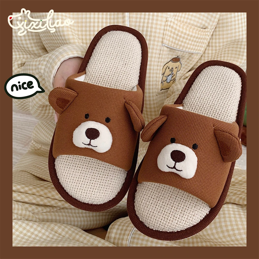 XIXITIAO 2024 flat bear slippers shoes sandals cute home indoor animal print slippers Cotton linen slippers for women ladies
