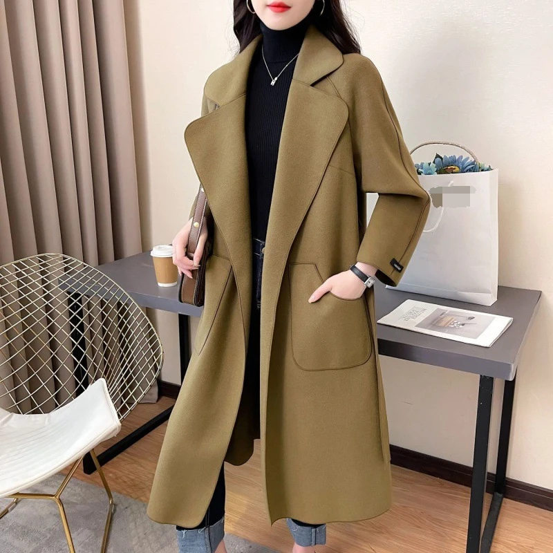2023 Autumn Winter Women Long Sleeve Loose Woolen Coat Lady Solid Color Medium Long Double-face Cardigan Lapel Soft Woolen Coat