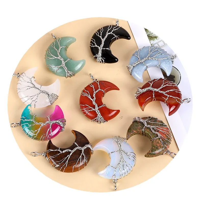 Natural Raw Crystals Amethyst Moon Stone Pendant Necklace For Women Chakra Tree Of Life Pendant Charms For Jewelry Making /