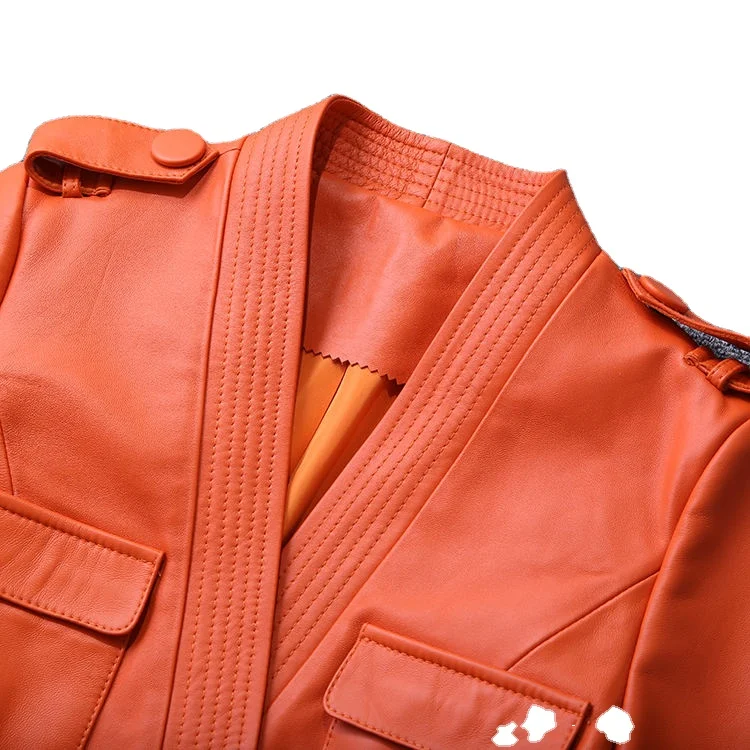 New fashion V-neck double-breasted belt strap trim genuine leather sheepskin long trench coat