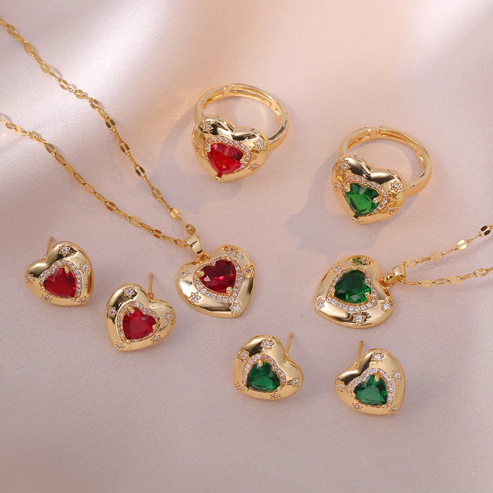 New Ruby Necklace Zircon Crystal Premium Ring Earrings Necklace Jewelry Earrings Vintage Necklace Set Women