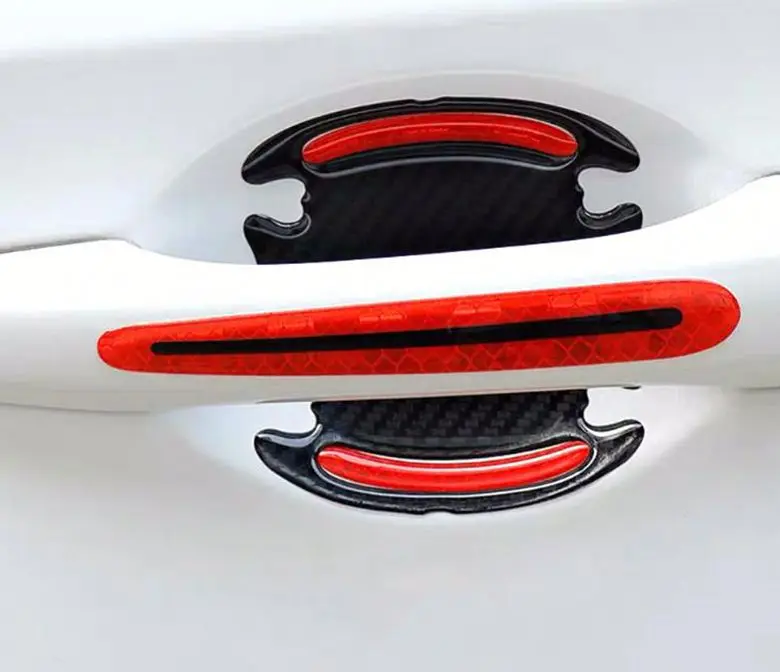 1Set 8 Pieces Carbon Fiber Car Door Handle Guard Anti Scratch Sticker Safety Warning Mark High Reflective Tape