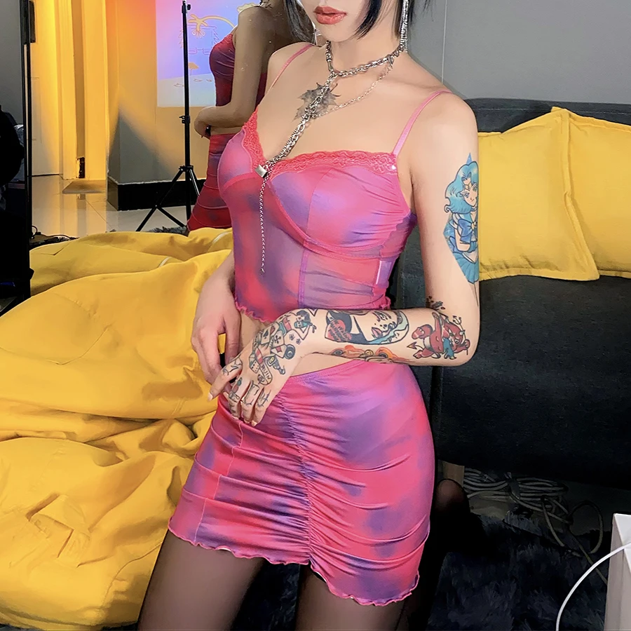 Nibber K21S00765 2021 Women lace Halter Skinny Sexy Club Party Clothes Pattern Print Corset & Mini Skirt Two Piece Setalter