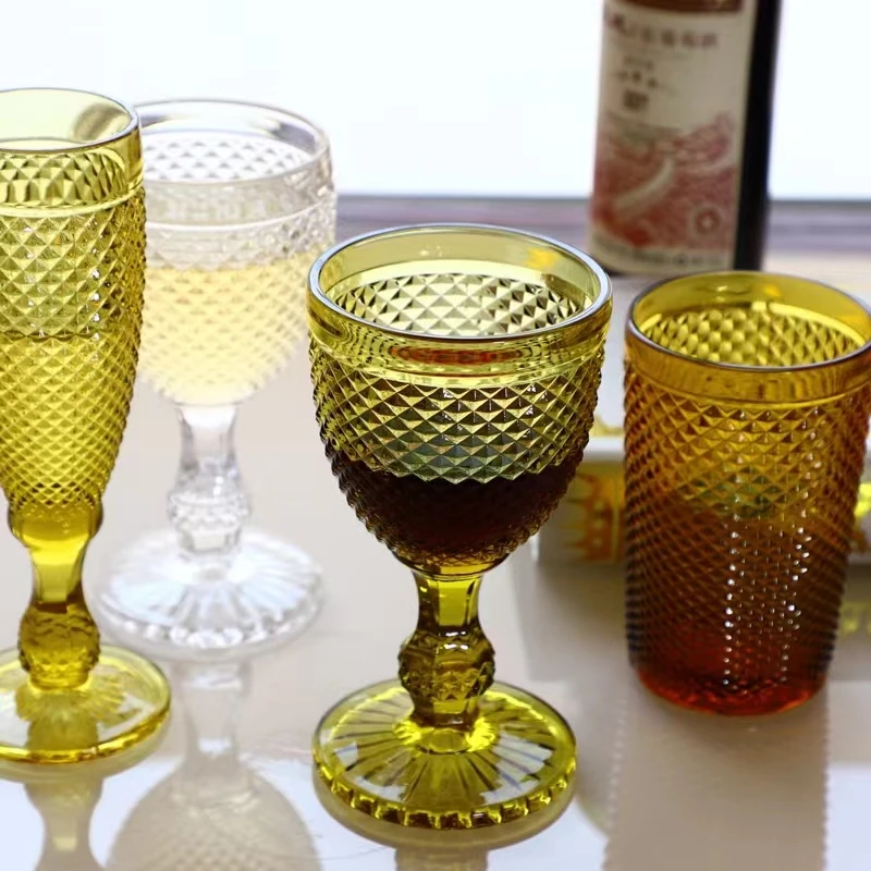 11oz Wholesale Vintage embossed wedding glasses Blue pink Green lead-free glass Champagne glasses