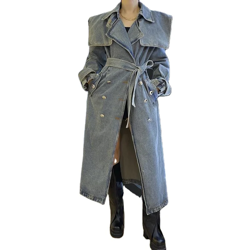 Women Denim Trench Coat Denim Coat 2023 Spring Autumn Winter Double Breasted Lace Up Loose Long Jean Fashion