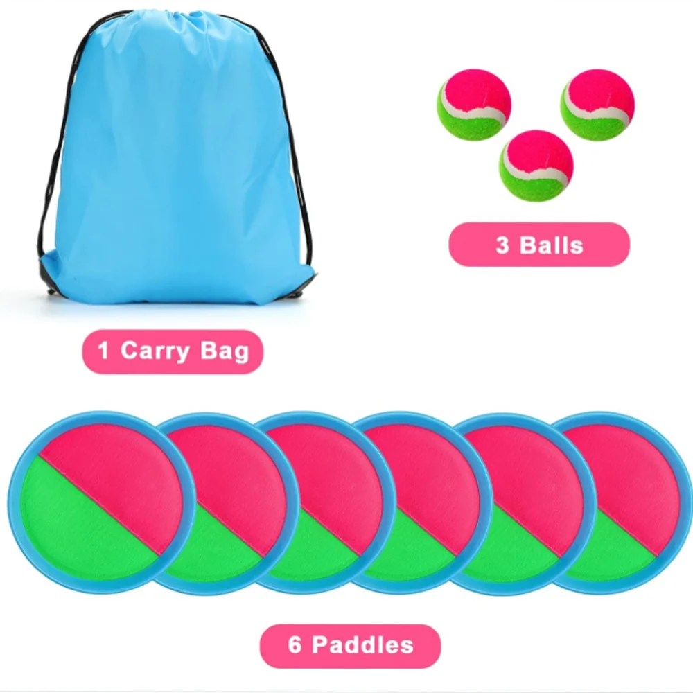 OEM plastic toss toys 6 rackets 3 balls blue color beach sporting throw game sticky paddle catch ball set hang pack