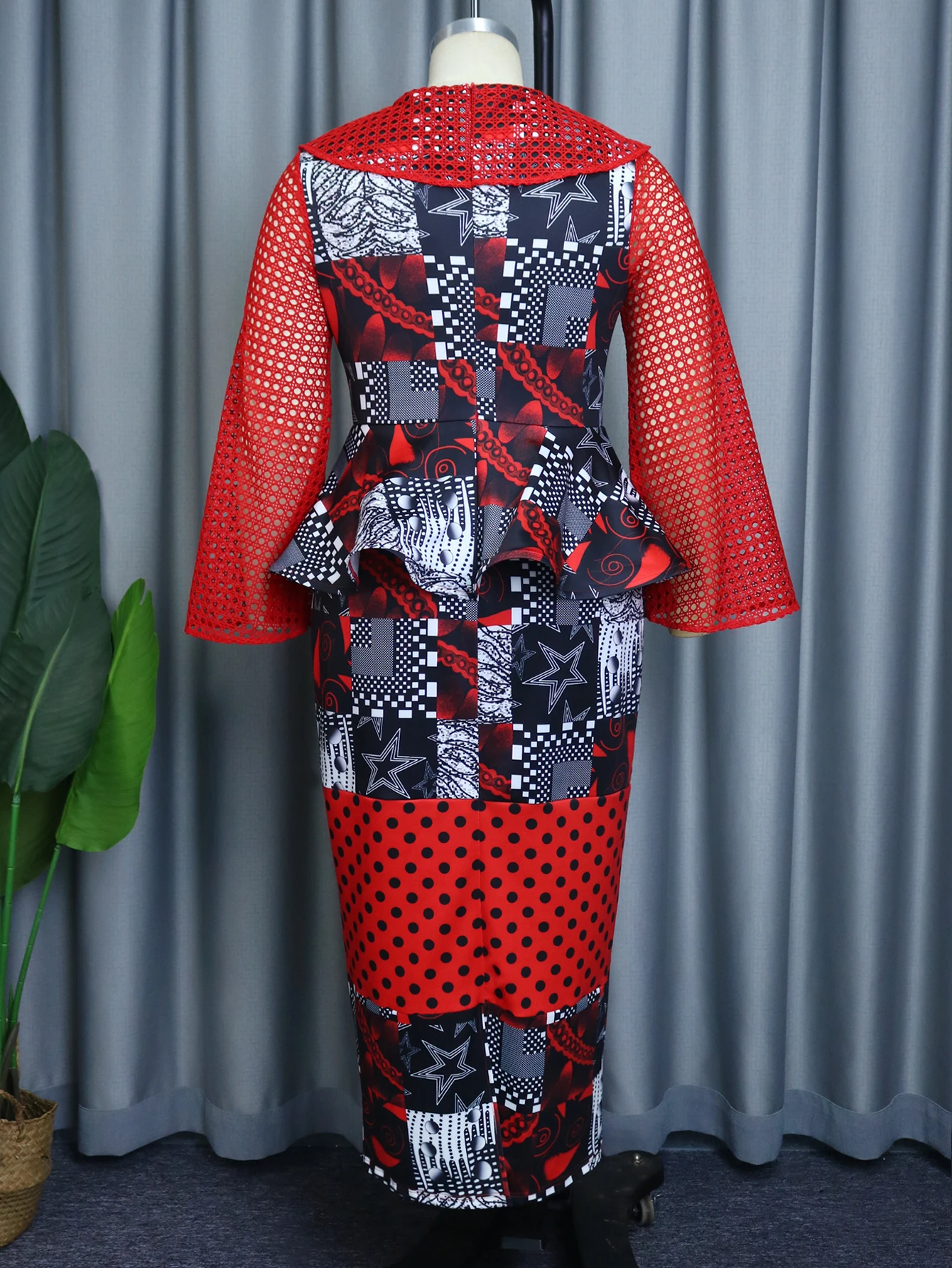 Print Hollow Out See Through Lace Peplum Christmas Women Evening Dress