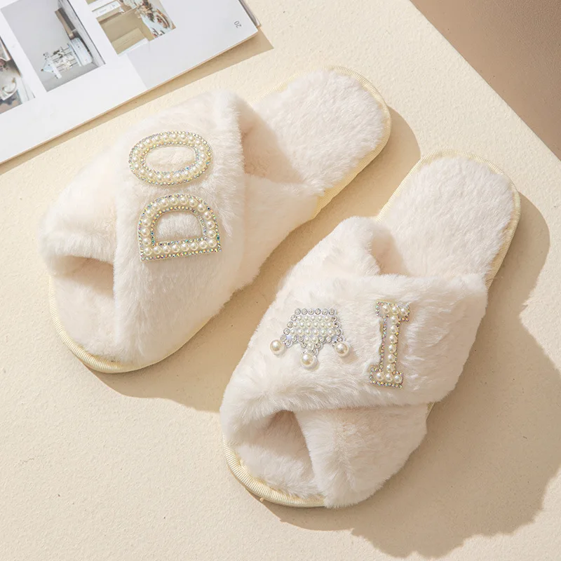 Heart Love Fluffy Fur Slippers Women Warm Open Toe Plush Memory Foam Ido Slide Slippers Home 2023 Winter Indoor Shoes