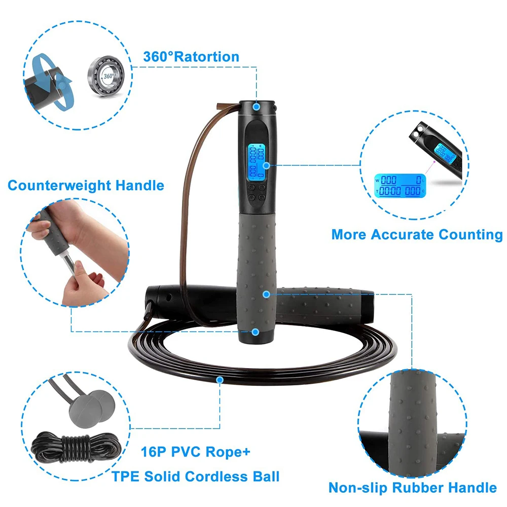 Electronic Automatic Counting Digital Tangle-Free Ball-bearings Jumping Rope, Endurance Training and Fitness Gym Skipping Rope_9