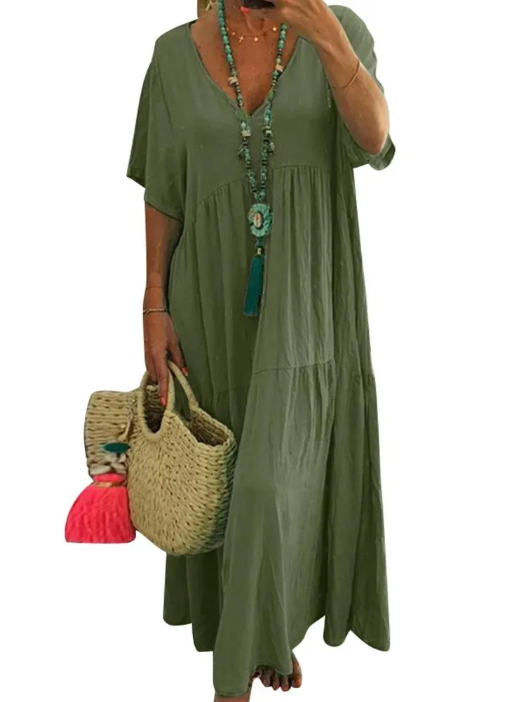 Women Cotton Linen Loose Long Maxi Dress Summer V-neck Short Sleeve Solid Oversized Dresses Plus Size S-5xl