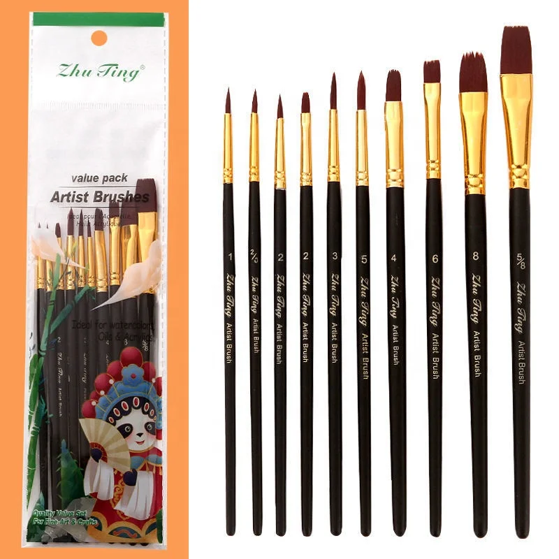 Hot Sale Mixed Shape Nylon Art Paint Brush Set,10pcs Colorful Wooden Handle Brushes