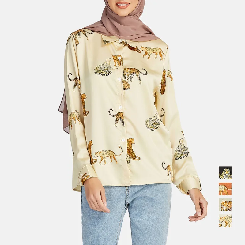 Wholesale New Casual Loose Leopard Print Top Lapel Long-sleeved Shirt For Women In Europe And America Pleated Tops