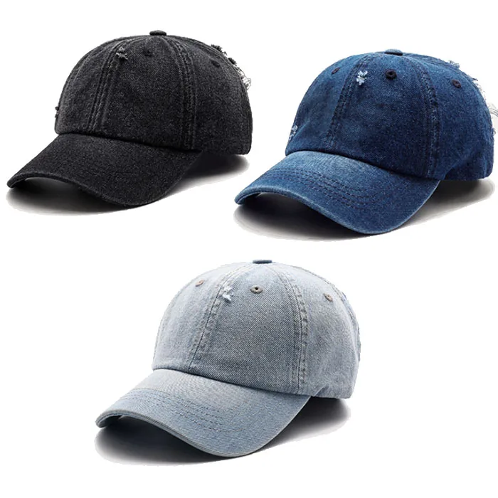 Custom Distressed  Design Washed Denim Baseball Cap Washed Distressed Jeans Baseball Cap Embroidered Washed Denim Baseball Cap