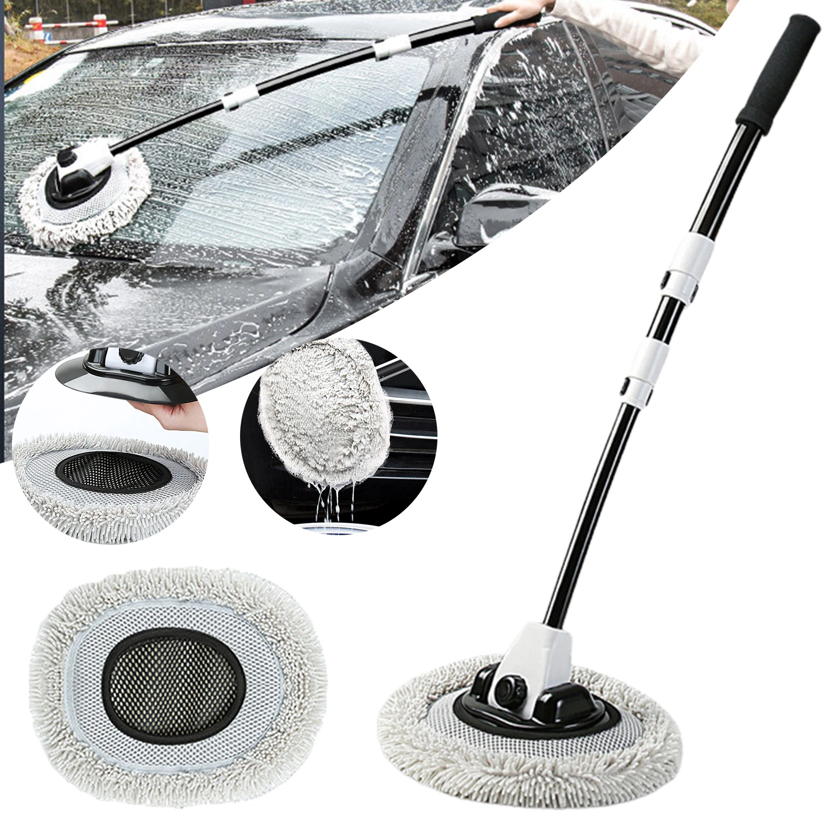 1 Set Car Wash Mops Dust Removal Soft Brush Head 3-section Curved Rod Telescopic Mop For Doors Window Sills Windscreens Cleaning