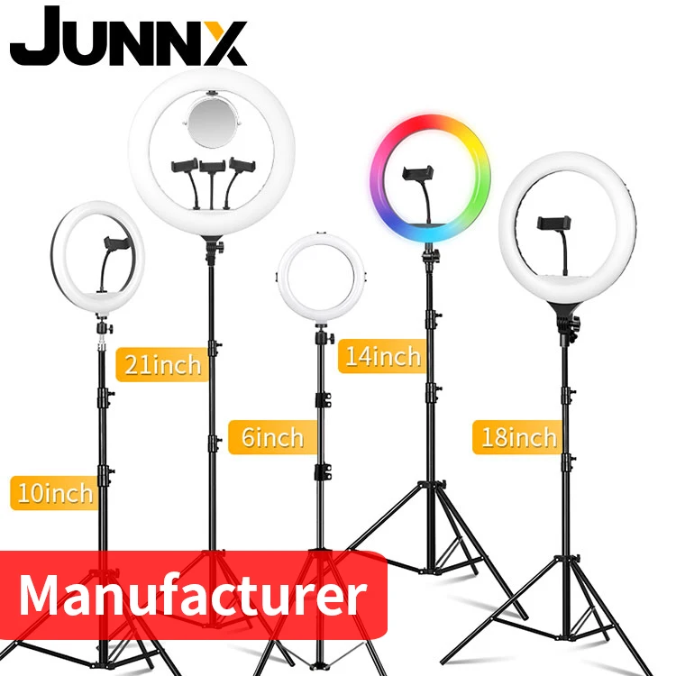 JUNNX 6 inch 8 10 12 14 16 18 20' 21 Big Polegadas Grande Luz de Anel para Celular LED  Selfie Cellphone Heart Shaped RGB Ring