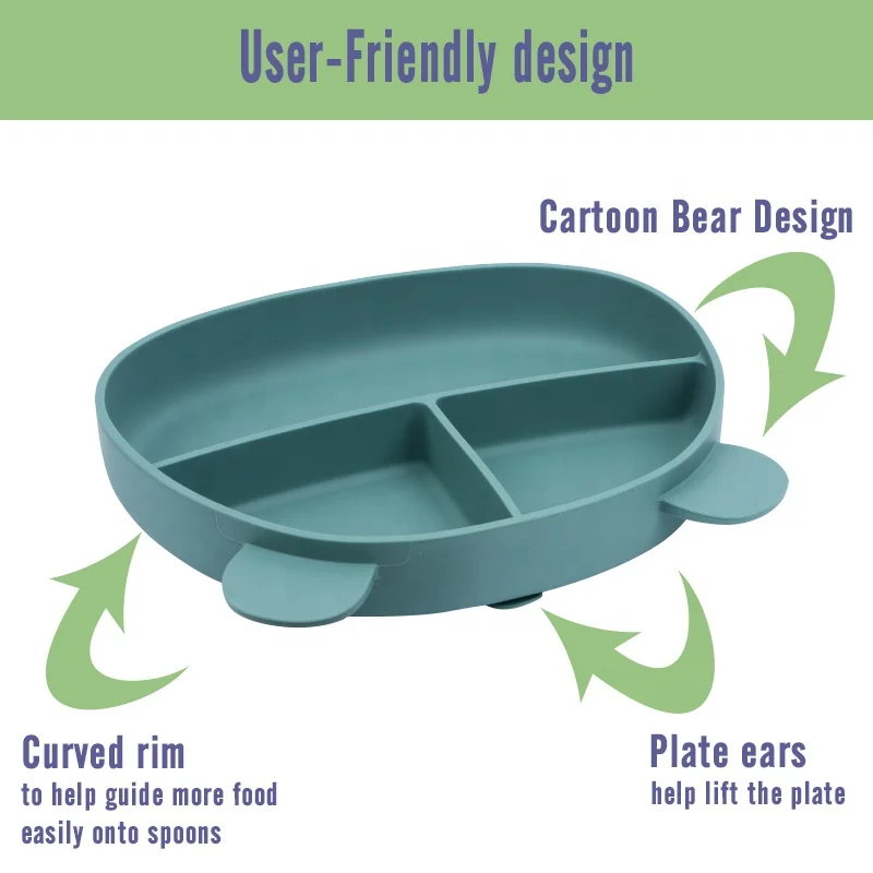 New Launched Safe Divided Suction Plate Bear Animal Kids Suction Silicone Children Dish Food Plate