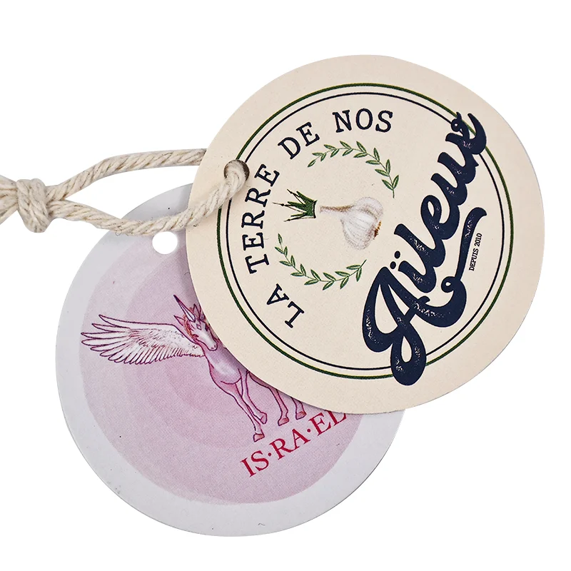 Colorful painting pattern paper tag,customized printing logo clothing hang tags,custom garment paper labels tag with  strings