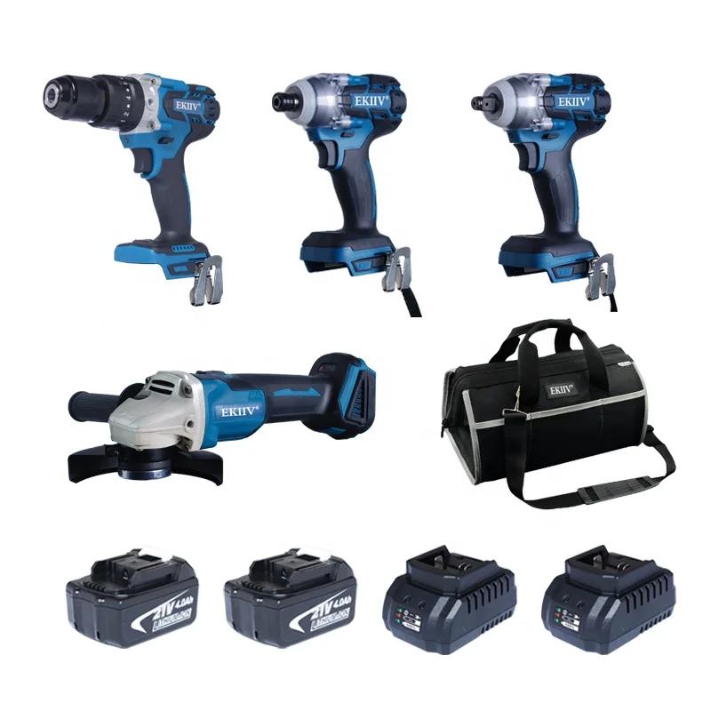 EKIIV Factory 21v Portable Electric Cordless Brushless 18v Cordless wireless impact Drill Lithium Battery Power Drills Kit