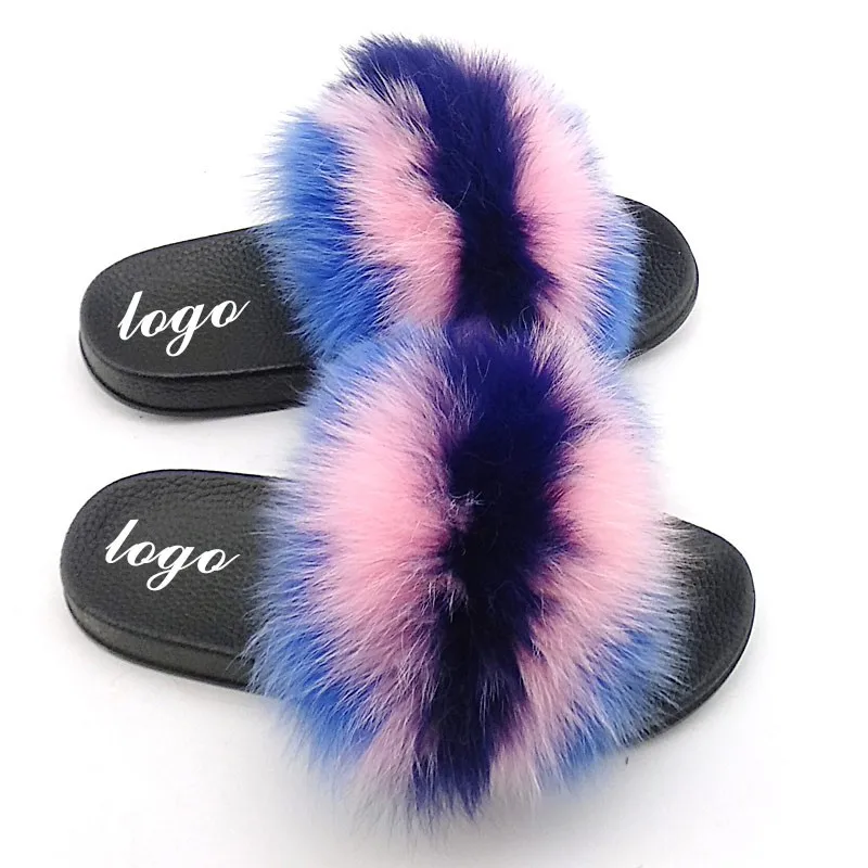 2020 PVC Sole Multi Colors Rainbow flag color Fox Fur Slippers Natural Color Raccoon Fur Slides with Purse for Girls