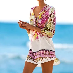 One Size Fashion 2021 Beach Caftan Swimsuit Cover Up Print Chiffon Pareo Women Robe Plage Swimwear Dress Sexy Beachwear Dresses