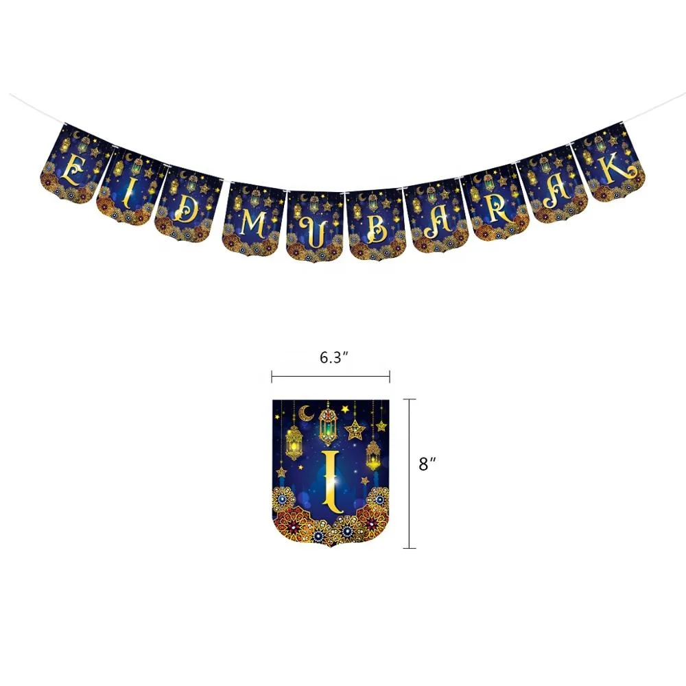 UMISS New Design EID MUBARAK Banner Moon Stars Cake Topper Hanging Swirls for Home Party Ramadan Event Decor Party