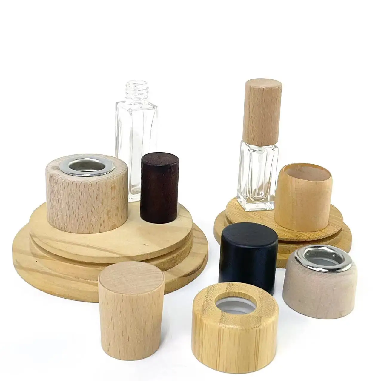 natural perfume bottle cosmetic packaging jar caps wooden lid with sealing ring