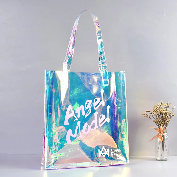 Индивидуальные Экологически чистые пластиковые голографические переливающиеся блестящие сумки-тоуты из ПВХ для покупок с логотипом Водонепроницаемая пляжная