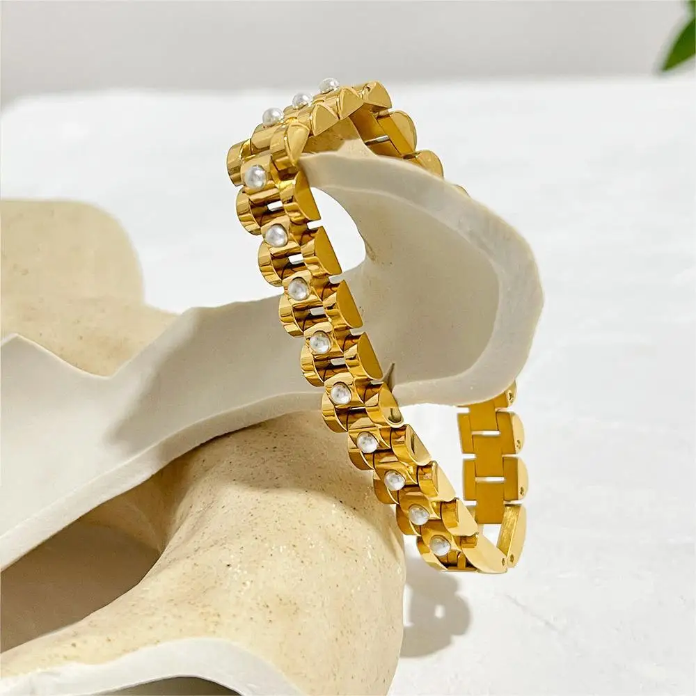 Women Fashion Jewelry Waterproof Chunky Watch Band Rolly Bracelet 18K Gold Plated Stainless Steel Watch Link Bracelet With Pearl
