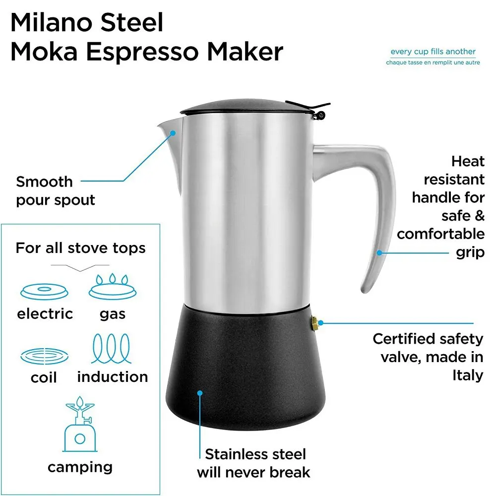 FREE SAMPLE Stainless Steel Stove top Espresso Maker Mocha pot Cuban Italian Coffee maker for Induction gas or electric stoves