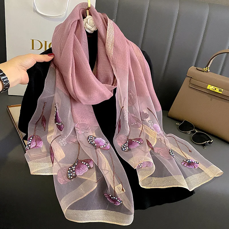 Ready to ship 2024 spring summer ladies silk wool blend scarves elegant floral Embroidery Silk Shawl Scarf for Weddings