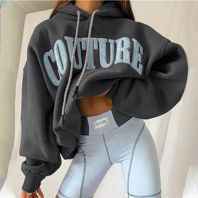 Wholesale Cotton Letters Printing Long Seleeve Gray Loose Drawstring Hoodie Elastic Cuffs Casual Sweatshirts Hoody With Pocket