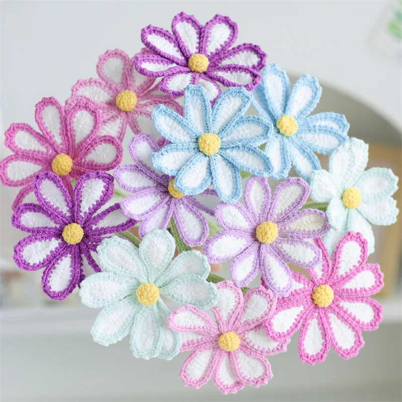 Hot Selling Handmade Yarn Wool Artificial Flower Knitting Colorful Galsang Flowers Crochet Bouquet Knitted Crochet  Flower