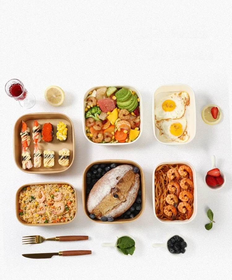 wholesale disposable square paper cup heatable kraft waterproof custom print logo paper salad poke bowl with PE lid