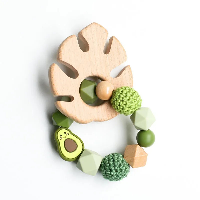 Newborn Baby Crochet Silicone Beads Teething Bracelet With Wooden Animal Leaf Teether Ring