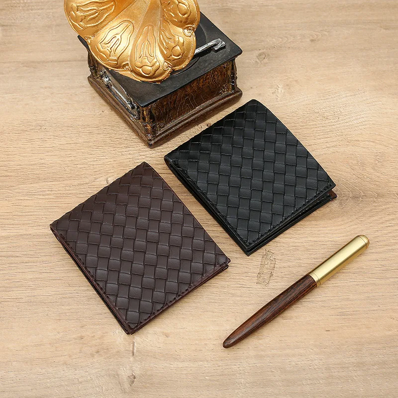 Fashion Vintage Short Wallet Genuine Leather  Wallet Mini Purse Coin Pouch Woven Card Bag