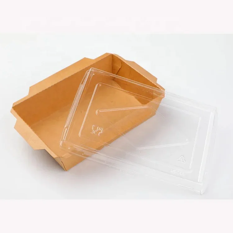 Rectangular Disposable Kraft Paper Tray with Transparent Lid Take Out Catering Brown Container with Clear Cover To Go Container