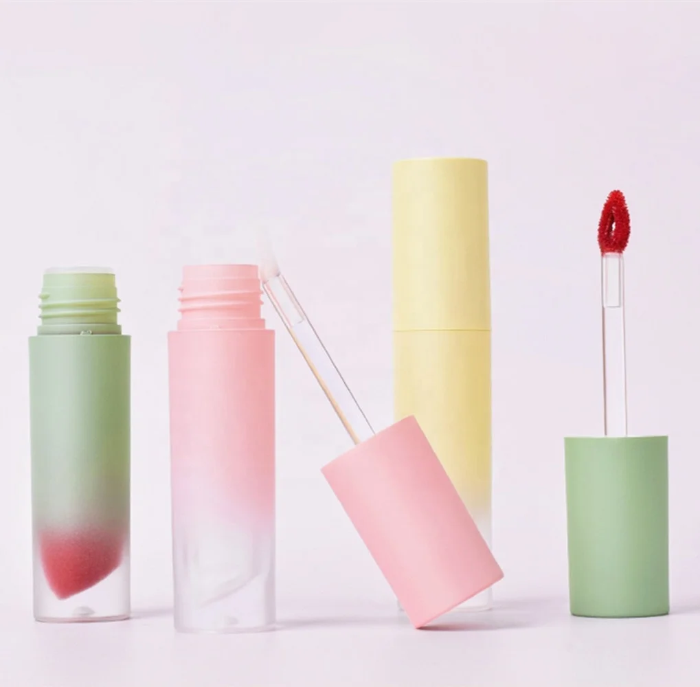 Round empty mini gradient green yellow lipstick lip gloss container frosted pink lipgloss packaging tubes with heart brush 3ml