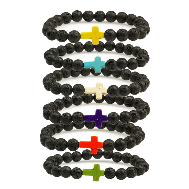 Natural Lava Stone Cross 8mm Beads bracelet ST114