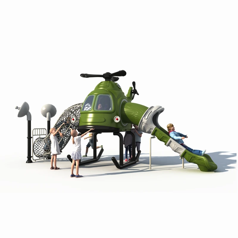 Dark green helicopter with climbing net slide Easy Installation Residential Complexes Plaza Smooth Park Slide