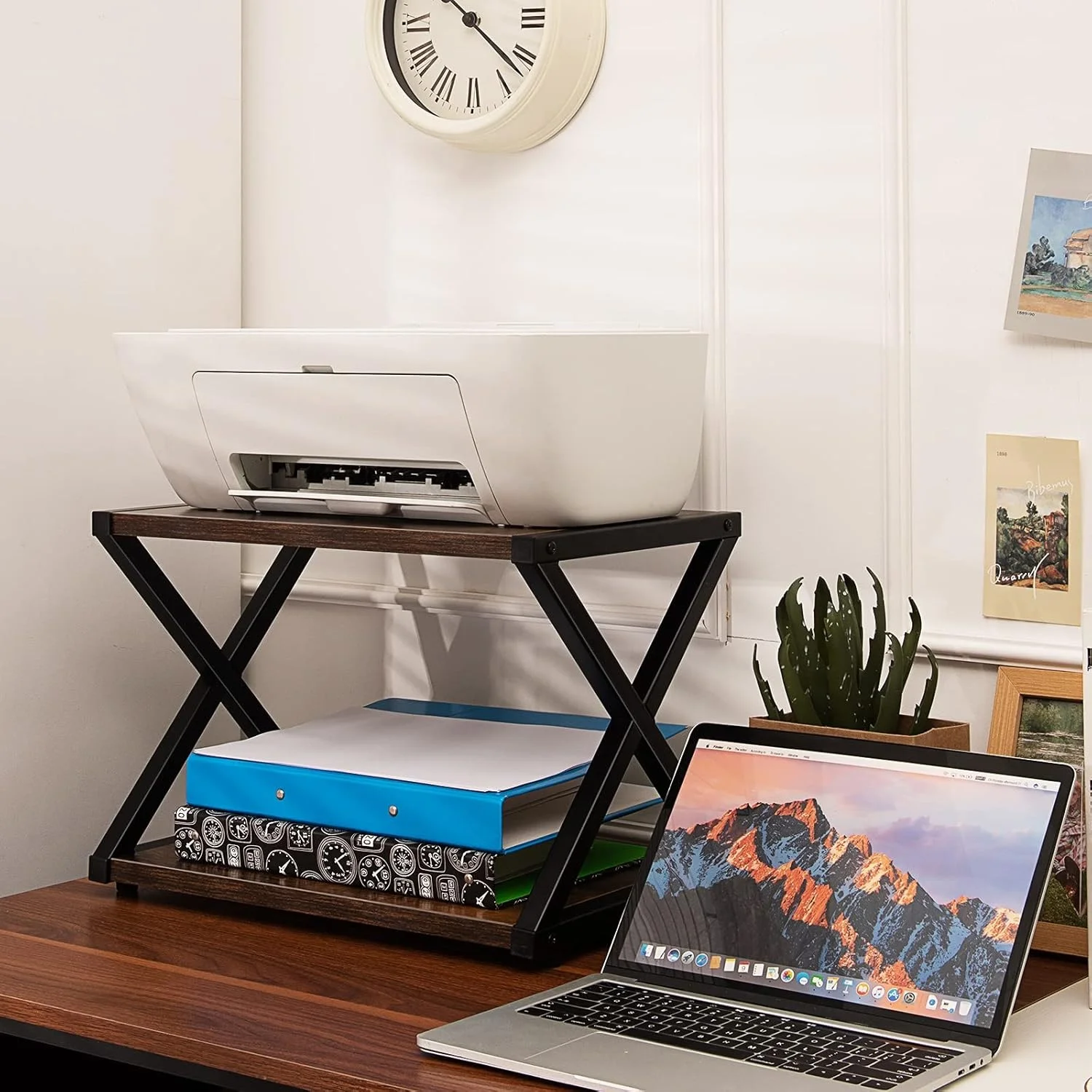 2-Tier Desktop Printer Stand Wood Storage Book Shelf 4 Adjustable Anti-Skid Pads X-Shaped Tabletop Storage organizer Office