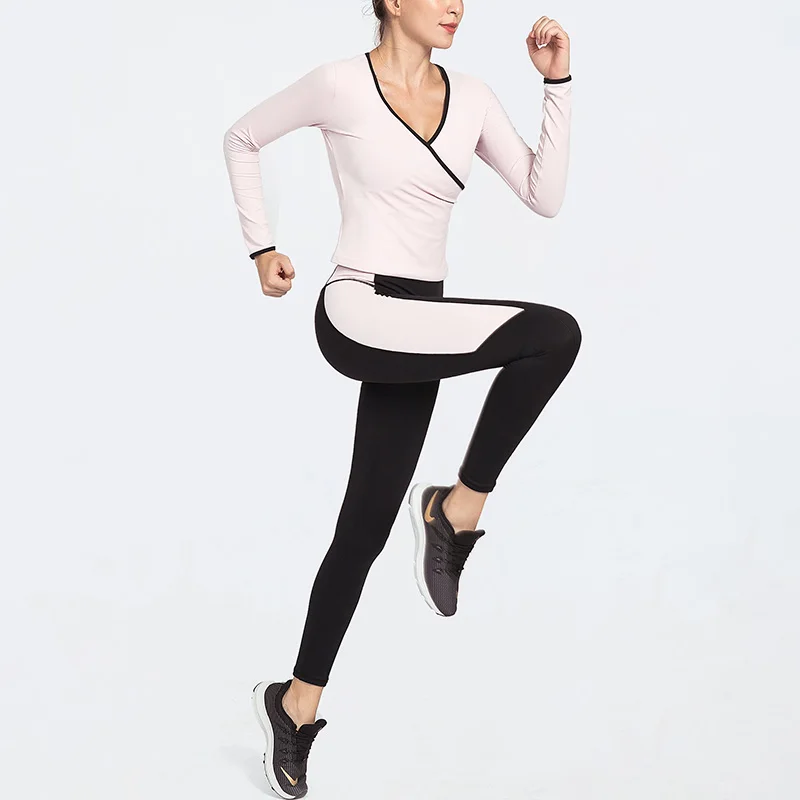
Eco Friendly Women Sportswear V Neck Long Sleeve Fitness Shirt Gym Leggings Yoga Suit Sets 